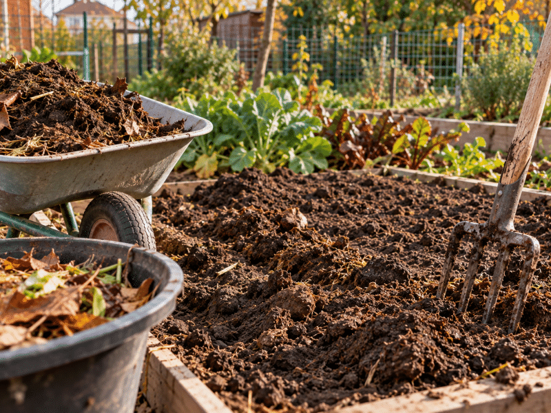 Compost și materie organică adăugate pe solul din grădină în octombrie