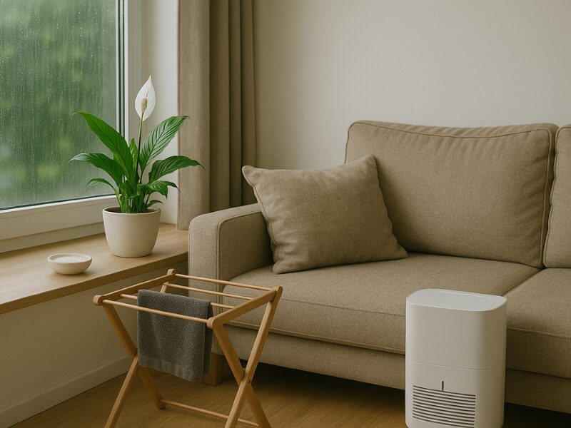 Colț de living luminos, cu o fereastră plină de stropi de ploaie, un crin al păcii pe pervaz, un uscător mic din lemn cu prosop și un dezumidificator modern lângă canapea bej.