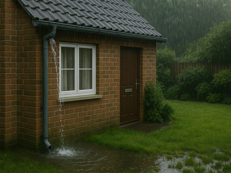 Apă pluvială care se revarsă dintr-un jgheab înfundat la o casă cu fațadă de cărămidă, în timpul unei ploi abundente; curtea este parțial inundată.