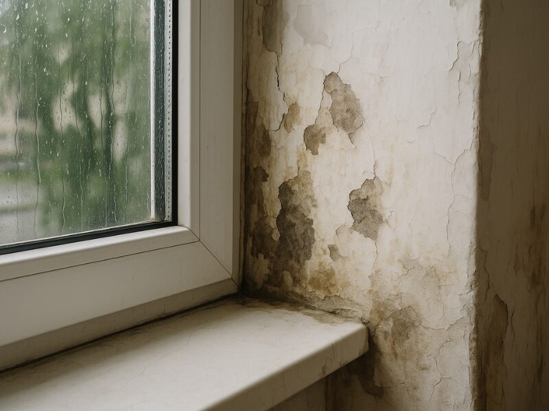 Perete interior afectat de umezeală și mucegai lângă o fereastră din termopan, într-un apartament de bloc, în timpul unei ploi abundente. 