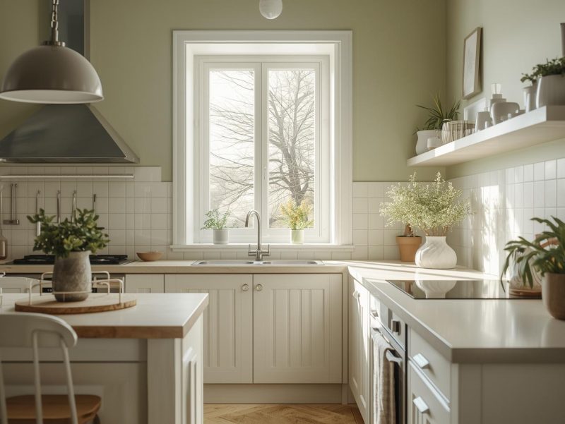 Bucătărie cu pereți verde salvie și lumină de dimineață, exemplu de alegere a culorilor pereților în funcție de orientarea estică.