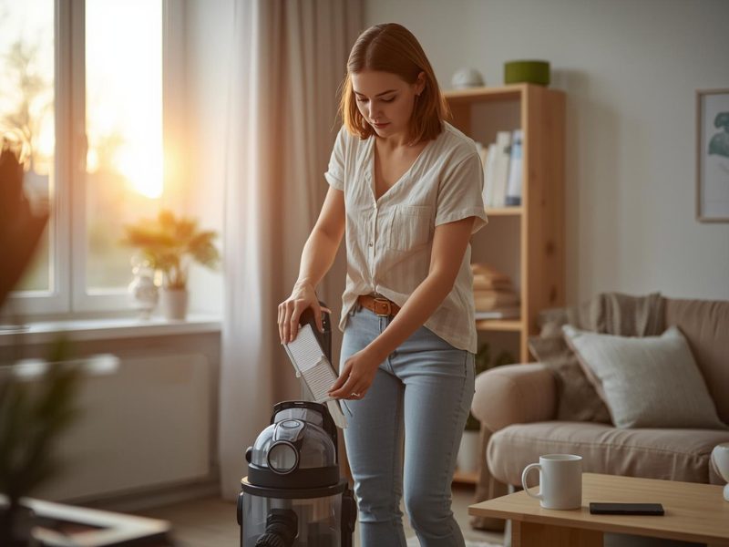 Femeie care curăță filtrul unui aspirator într-un living luminos de apartament, cu mobilier simplu și decor natural, la apus.