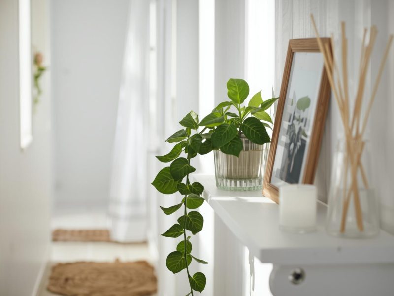 decor natural cu plante și lumânări într-un hol luminos