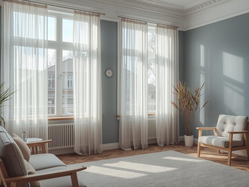 Living luminos cu pereți gri-albăstrui, decor natural și lumina caldă a după-amiezii, ilustrând alegerea culorilor pereților în funcție de lumină