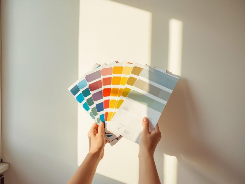 Persoană testează nuanțe de vopsea pe perete la lumină naturală, exemplu de alegere corectă a culorilor în funcție de lumină.