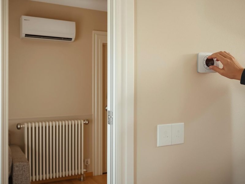Persoană care reglează termostatul pe perete, într-un apartament cu radiator și aparat de aer condiționat, decor simplu și natural.
