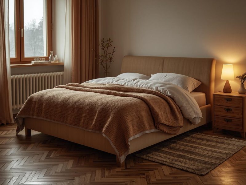 Dormitor cu pat tapitat, pături groase în nuanțe calde, draperii bej și lampă cu lumină caldă, decor simplu pentru iarnă.