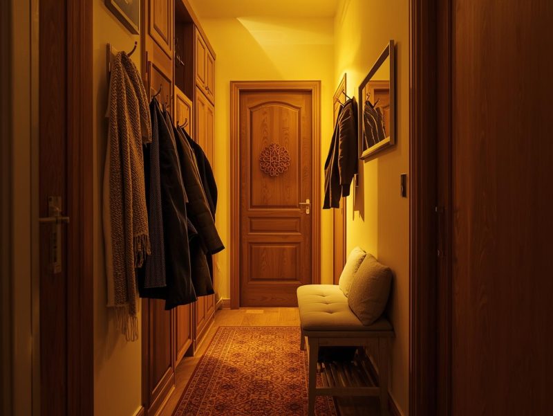 Hol românesc cu mobilier din lemn, băncuță, cuier cu haine groase și lumină caldă, atmosferă cozy pentru sezonul rece.
