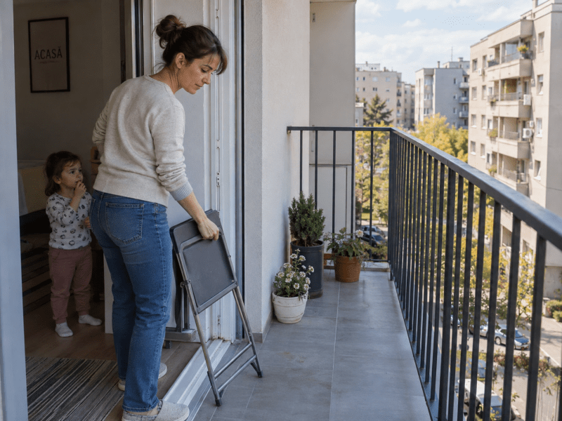 Adult care mută un scaun din balcon spre interior, pentru a lăsa liberă zona de lângă balustradă