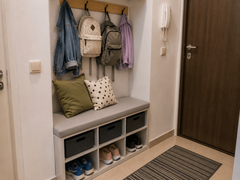Băncuță îngustă cu spații de depozitare pentru pantofii și accesoriile copiilor într-un hol mic