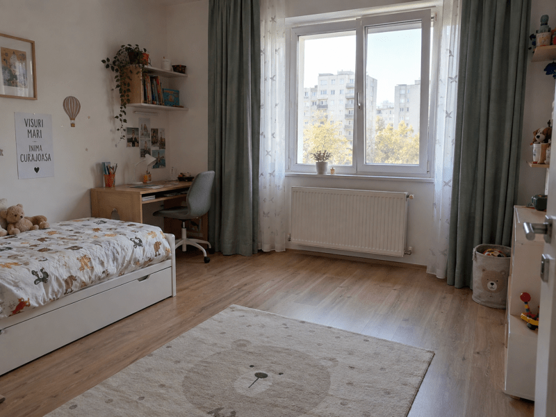 Cameră de copil într-un apartament, cu fereastră și zonă liberă în fața ei, fără mobilier pe care copilul se poate urca