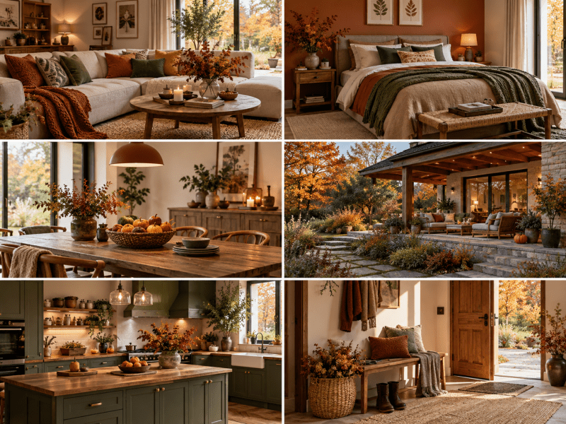 colaj cu living, dining, dormitor, bucătărie, hol și terasă în tonuri de toamnă