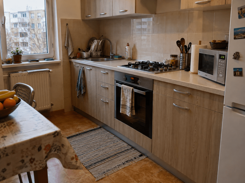 Bucătărie de apartament cu cuptor incorporat și cuptor cu microunde cu ceas digital aprins