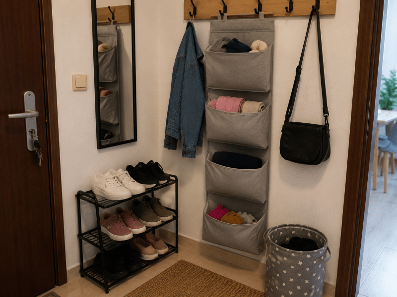 Organizare pe verticală într-un hol mic cu suport pentru pantofi și buzunare suspendate pentru accesoriile copiilor