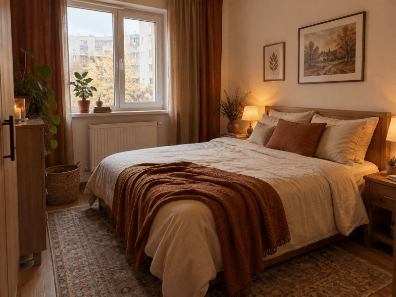 dormitor cu lenjerie crem, pled cărămiziu, mobilier din lemn și lumină caldă