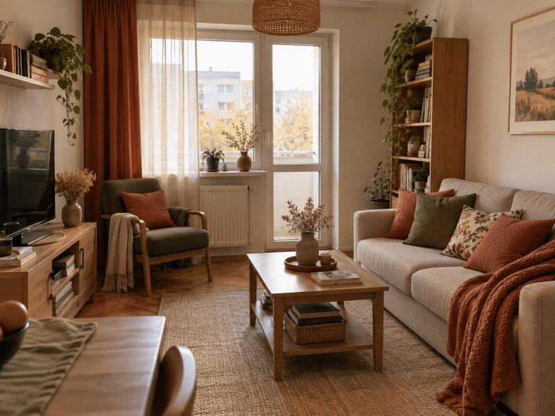 living de apartament cu canapea crem, perne teracotă și verde măsliniu, lemn natur și plante