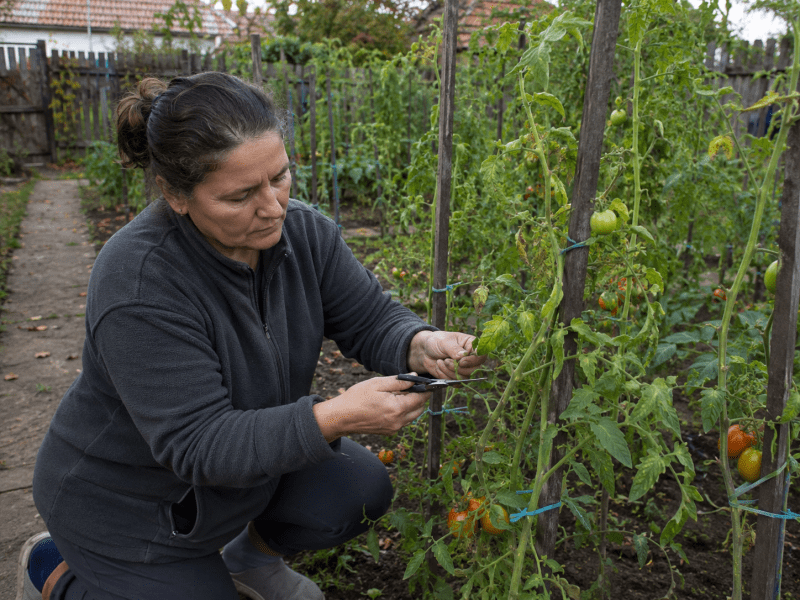 Femeie care îngrijește plantele de tomate în grădină și taie frunzele sau lăstarii inutili