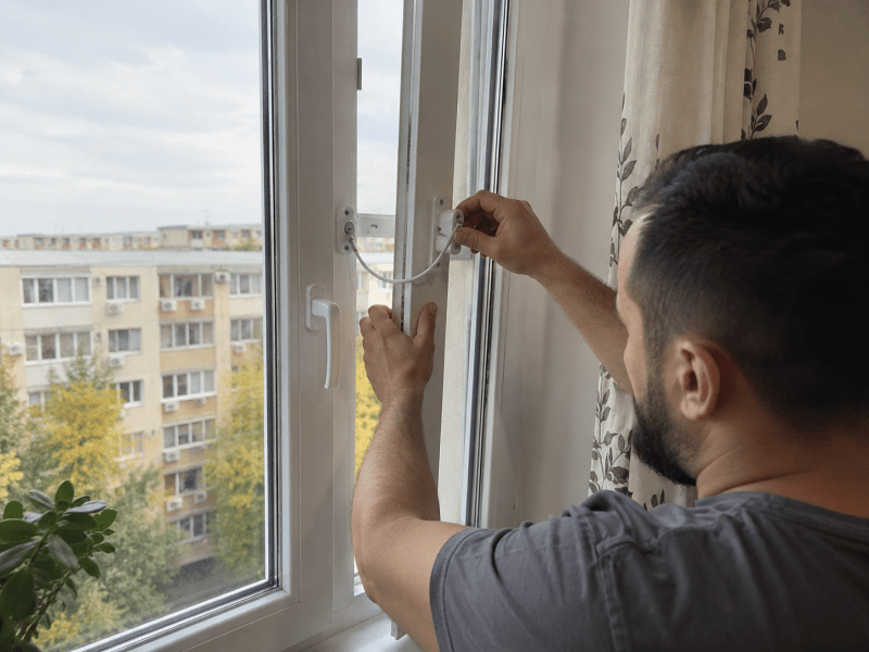 Adult care montează un limitator de siguranță pe o fereastră PVC
