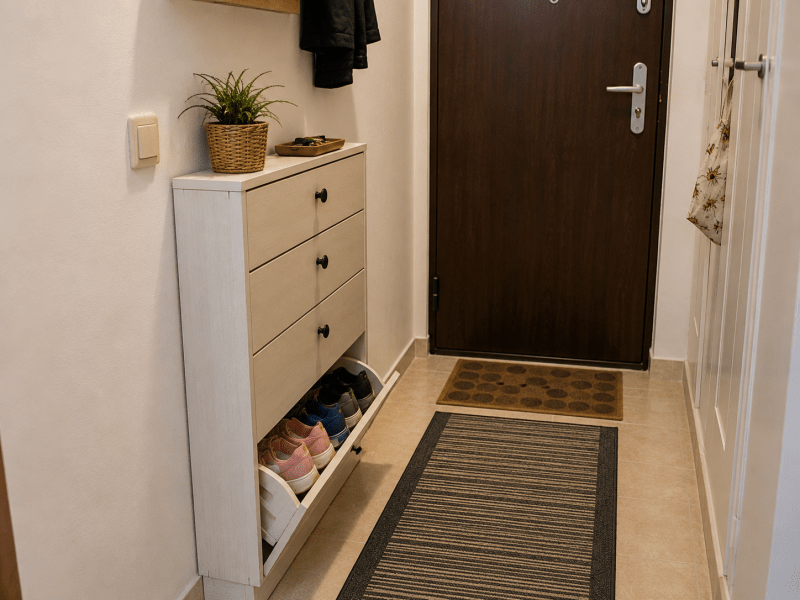 Pantofar îngust cu compartimente pentru încălțămintea copiilor, amplasat într-un hol mic de apartament
