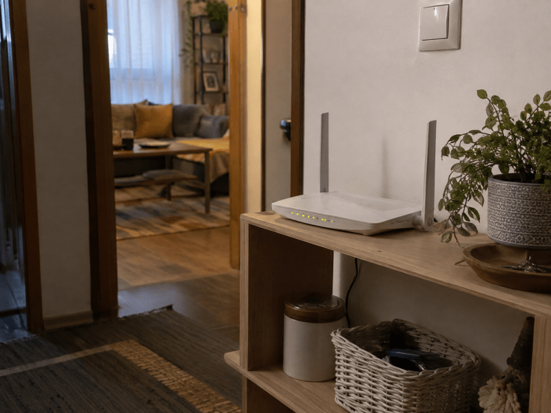Router wireless așezat pe o etajeră, într-un hol de apartament