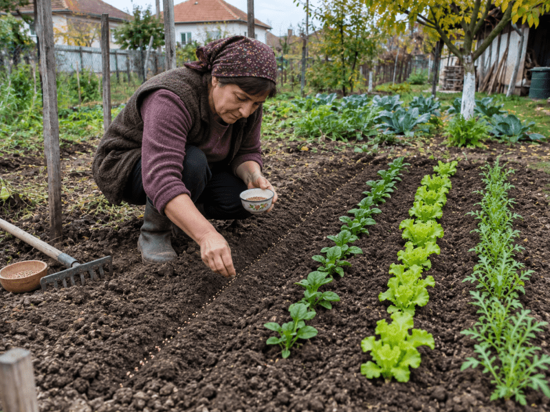 Femeie care seamănă legume de toamnă pe parcela eliberată după roșii