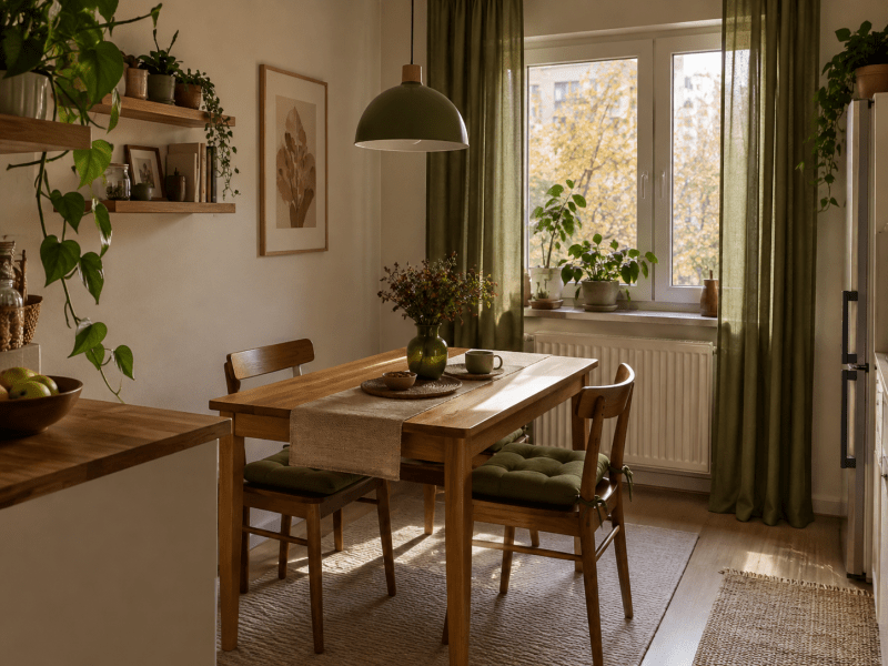 zonă de dining cu perdele verde măsliniu, masă din lemn și decor natural