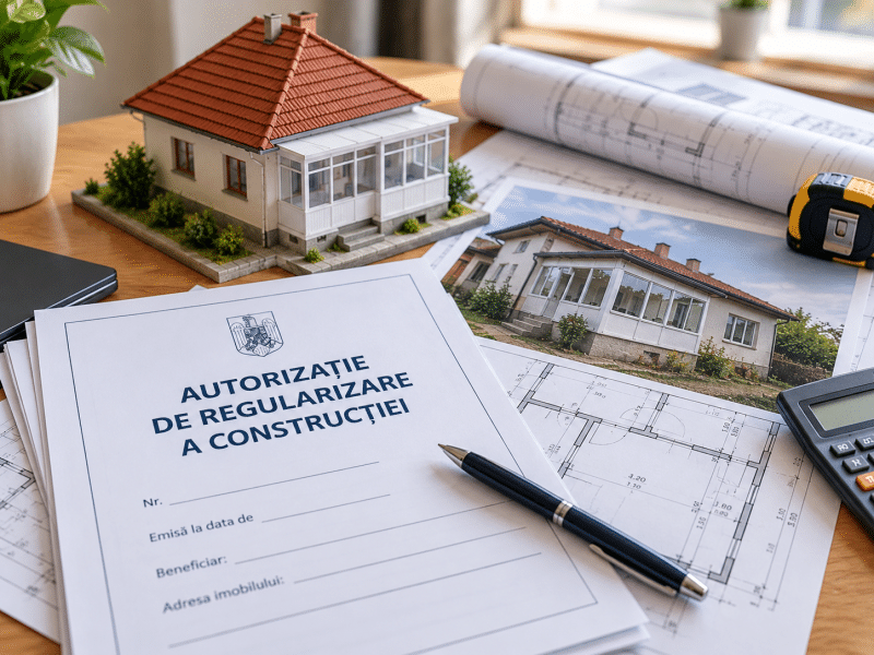 Autorizație de regularizare a construcției, alături de planuri arhitecturale, macheta unei case și documente tehnice.