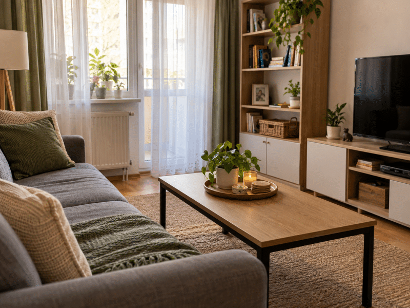 Living de apartament cu masa de cafea aproape liberă, obiecte decorative grupate pe o tavă și rafturi organizate aerisit.
