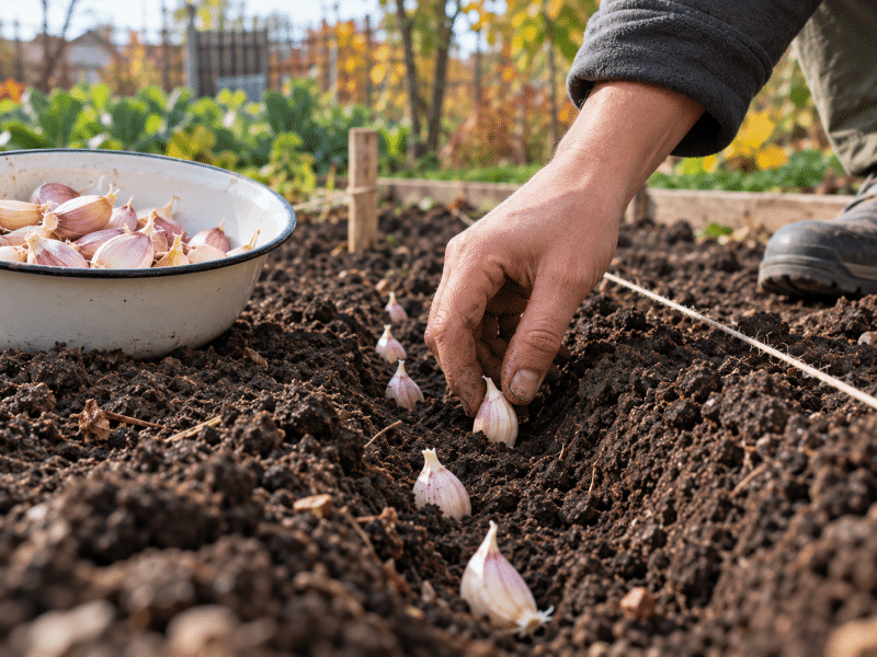Cățel de usturoi plantat cu partea plată în jos și vârful orientat în sus