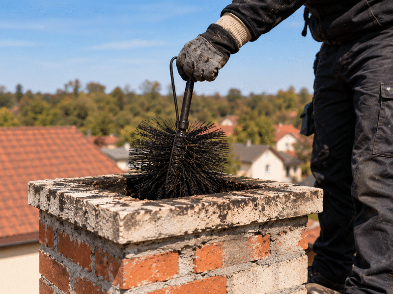Curățarea unui coș de fum cu perie specială înainte de începerea sezonului rece