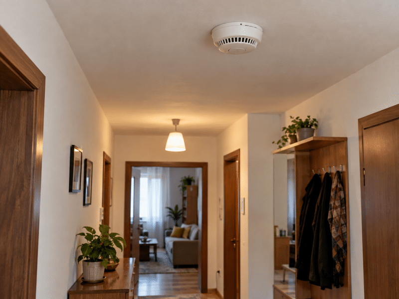 Detector de fum montat pe tavanul holului într-un apartament