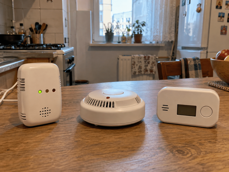 Detector de gaz, detector de fum și detector de monoxid de carbon prezentate împreună