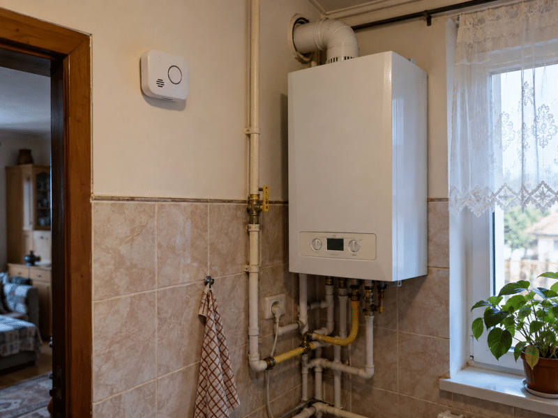 Detector de monoxid de carbon montat pe perete într-o încăpere cu centrală termică