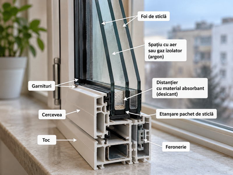 Detaliu al unui pachet de sticlă termoizolantă, cu distanțier metalic, material absorbant și umezeală între foile de sticlă.