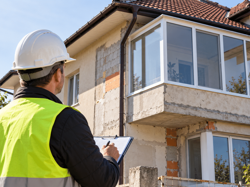 Specialist în construcții care inspectează o casă cu balcon închis și lucrări de extindere, pentru evaluarea conformității tehnice.