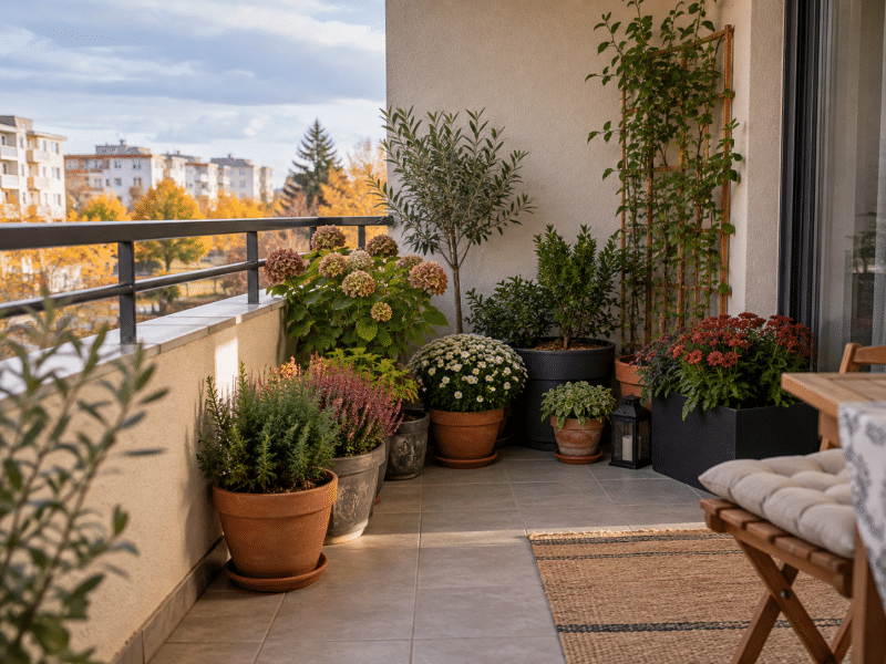 Ghivece și plante mutate într-o zonă protejată a balconului, departe de margine