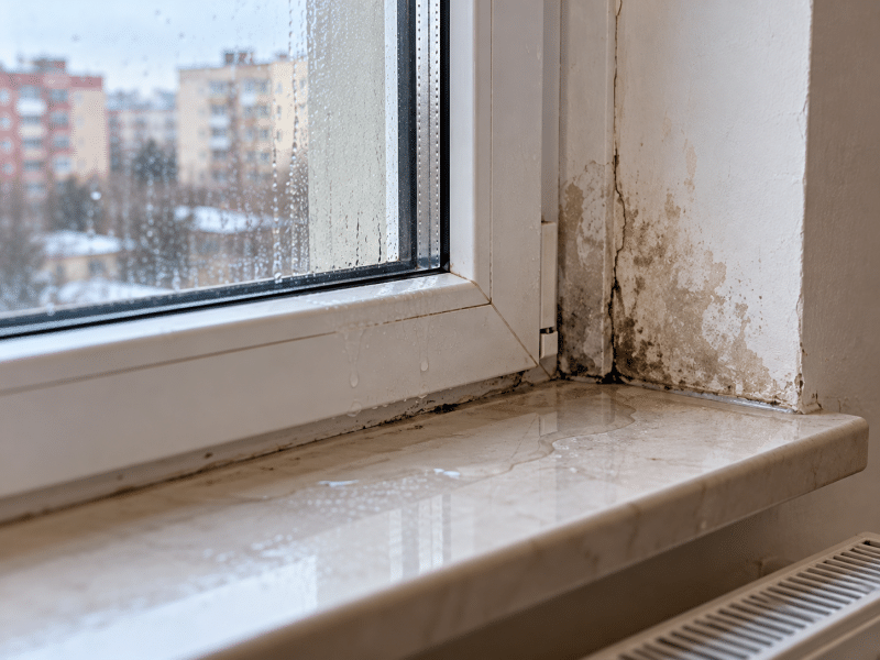 Apă acumulată pe glaful interior al unei ferestre PVC, cu pete de umezeală și tencuială deteriorată lângă toc.