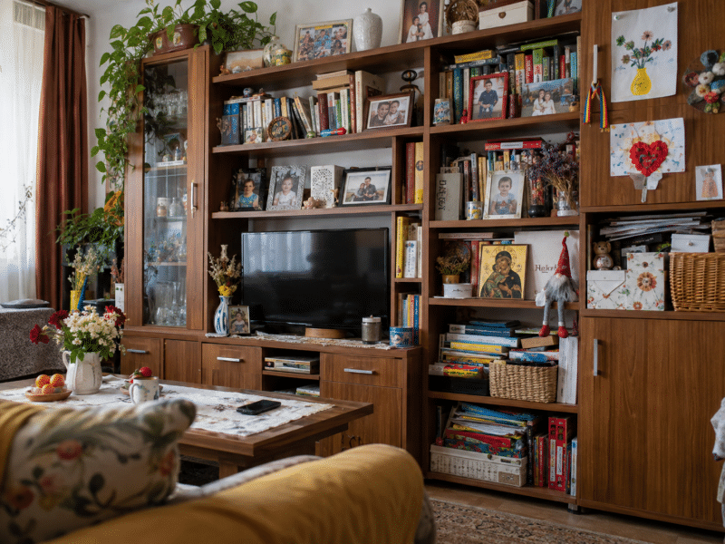 Mobilă de living cu rafturi aglomerate de cărți, fotografii de familie, obiecte decorative și desene ale copiilor.
