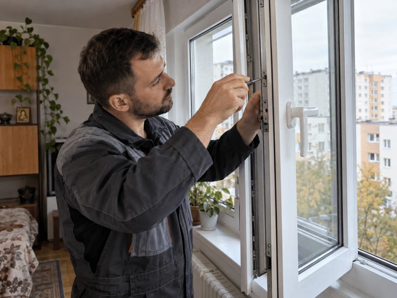Tehnician care verifică și reglează mecanismul de închidere al unei ferestre termopan din PVC.