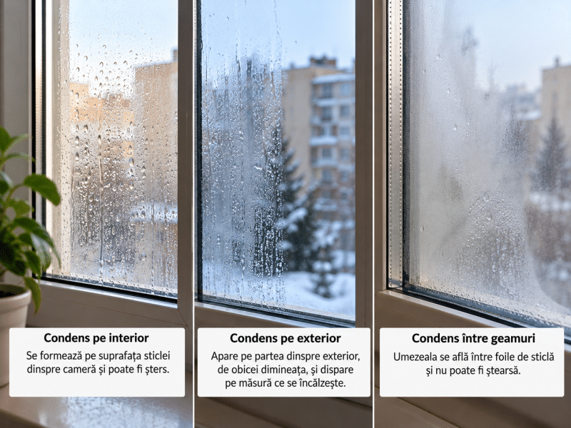 Tipuri de condens pe geam termopan PVC exterior, interior, intre geamuri