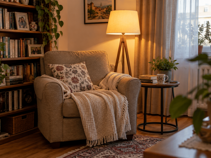 Colț confortabil de apartament cu fotoliu, pătură, bibliotecă, fotografii de familie și lampă cu lumină caldă.