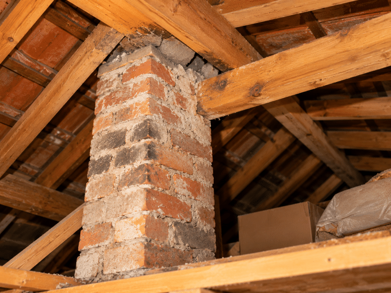 Coș de fum din cărămidă în pod, în apropierea structurii din lemn a acoperișului