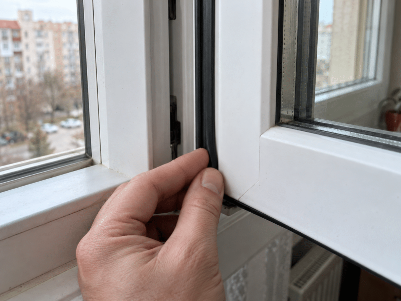 Verificarea cu degetele a garniturii negre de etanșare de pe cerceveaua unei ferestre PVC.