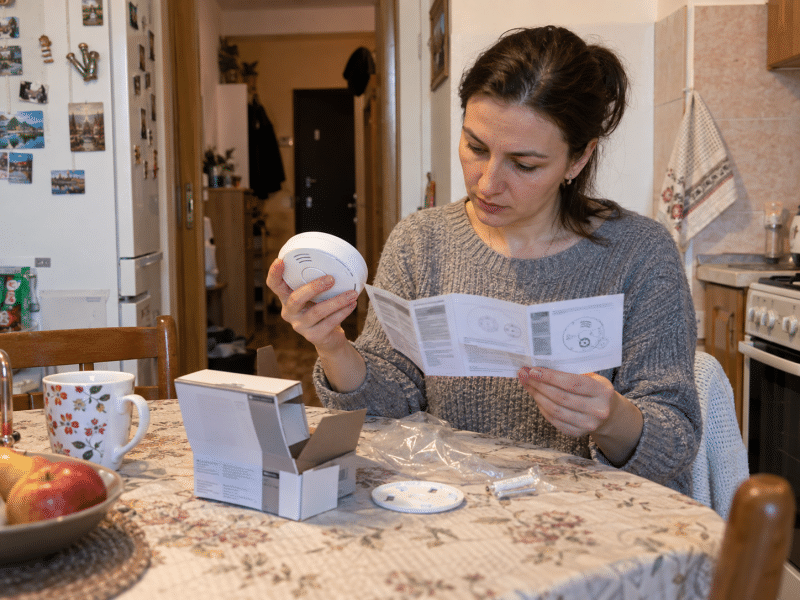 Persoană care verifică detectorul și instrucțiunile de montaj înainte de instalare