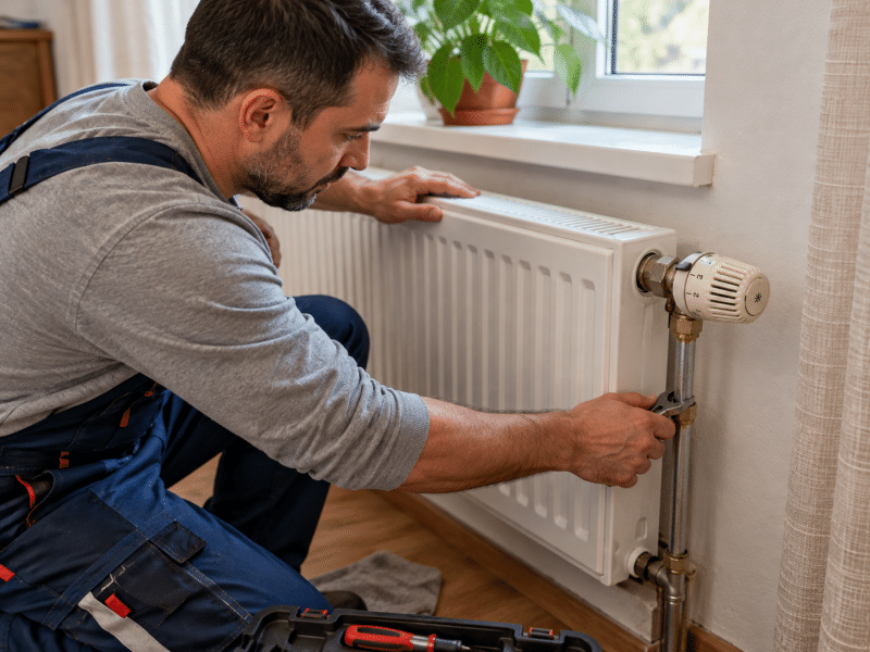 Instalator care verifică robinetul și racordurile unui calorifer alb într-un apartament, folosind o cheie pentru reglarea instalației de încălzire.